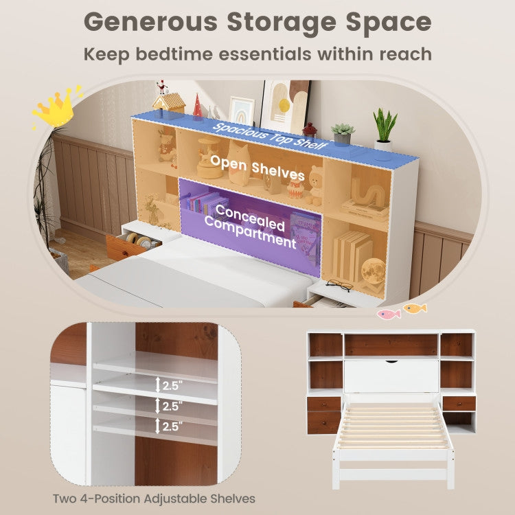 Twin Bed Frame with White Walnut Bookcase Storage Headboard and 2 Nightstands - Tampa Home & Garden Store