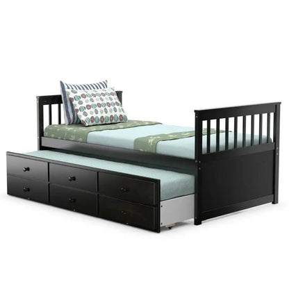 Twin Captains Bed with Pull Out Trundle and 3 Storage Drawers - Dark Brown Mocha - Tampa Home & Garden Store