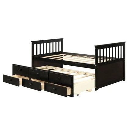 Twin Captains Bed with Pull Out Trundle and 3 Storage Drawers - Dark Brown Mocha - Tampa Home & Garden Store