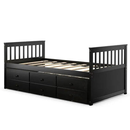 Twin Captains Bed with Pull Out Trundle and 3 Storage Drawers - Dark Brown Mocha - Tampa Home & Garden Store
