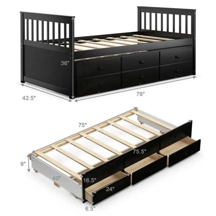 Twin Captains Bed with Pull Out Trundle and 3 Storage Drawers - Dark Brown Mocha - Tampa Home & Garden Store
