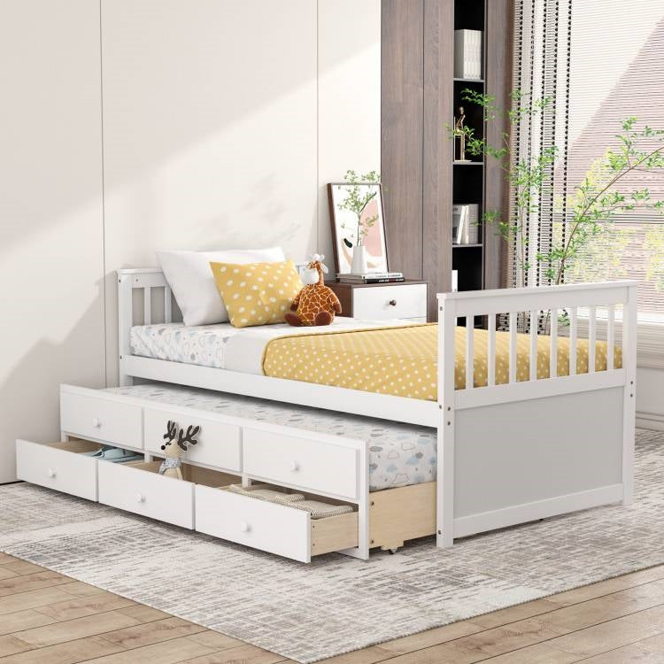 Twin Captains Bed with Pull Out Trundle and Storage Drawers in White Wood Finish - Tampa Home & Garden Store