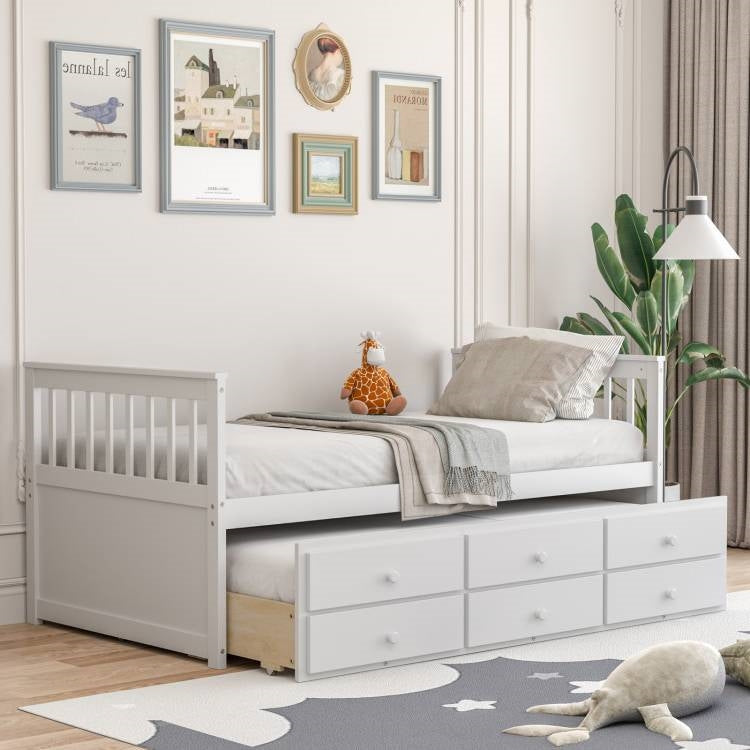 Twin Captains Bed with Pull Out Trundle and Storage Drawers in White Wood Finish - Tampa Home & Garden Store