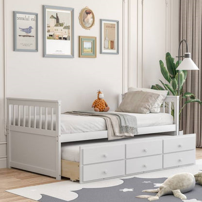 Twin Captains Bed with Pull Out Trundle and Storage Drawers in White Wood Finish - Tampa Home & Garden Store