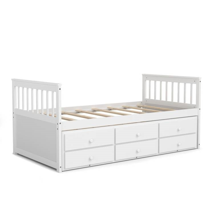 Twin Captains Bed with Pull Out Trundle and Storage Drawers in White Wood Finish - Tampa Home & Garden Store