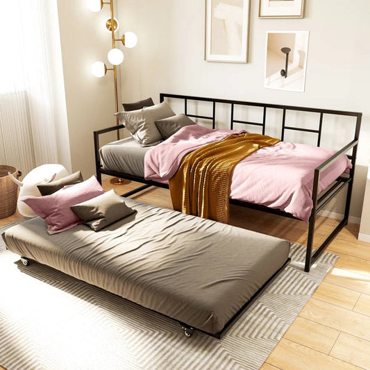 Twin size Black Metal Daybed Frame with Roll Out Trundle Bed Frame - Tampa Home & Garden Store