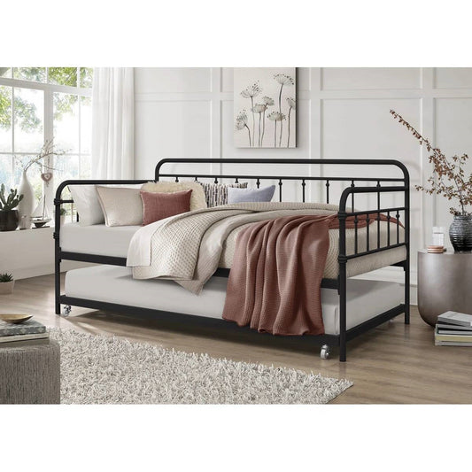 Twin size Black Rounded Iron Daybed with Roll Out Trundle Bed Frame - Tampa Home & Garden Store