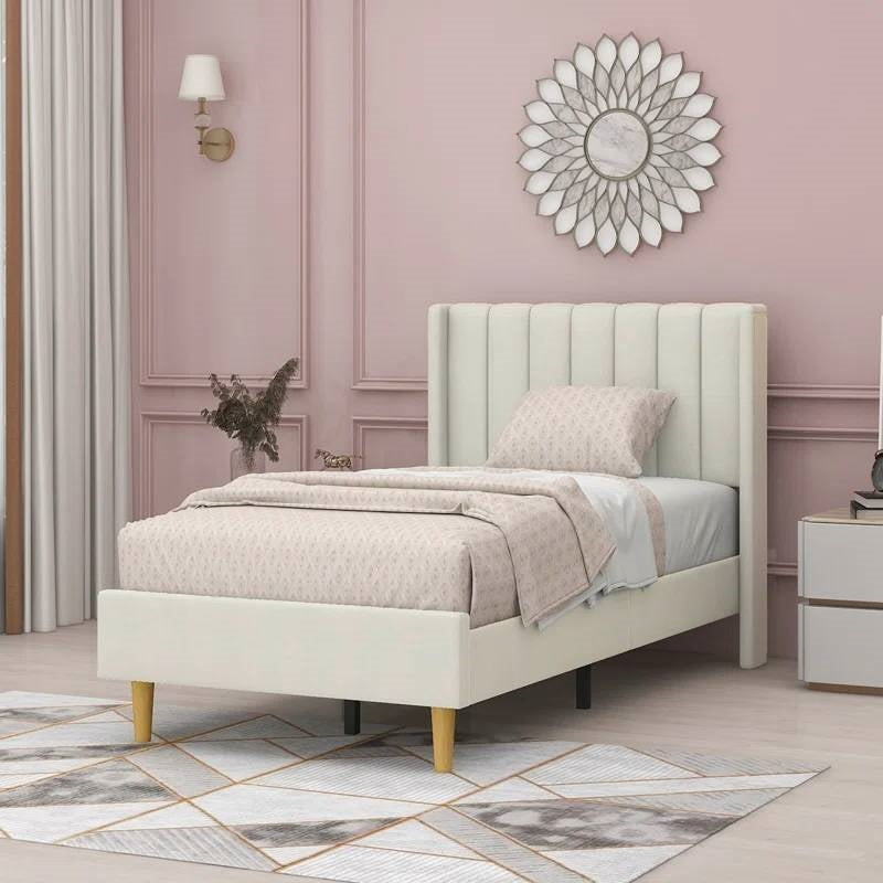 Twin size Mid-Century Platform Bed Frame with Cream Velvet Upholstered Headboard - Tampa Home & Garden Store