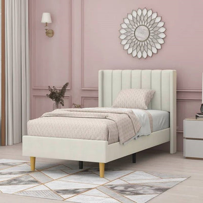 Twin size Mid-Century Platform Bed Frame with Cream Velvet Upholstered Headboard - Tampa Home & Garden Store