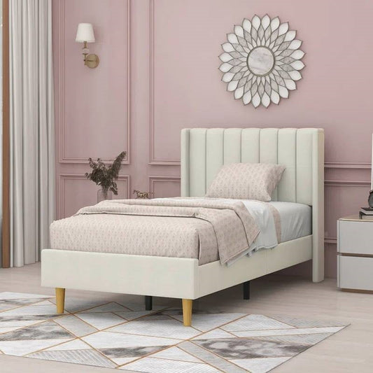 Twin size Mid-Century Platform Bed Frame with Cream Velvet Upholstered Headboard - Tampa Home & Garden Store