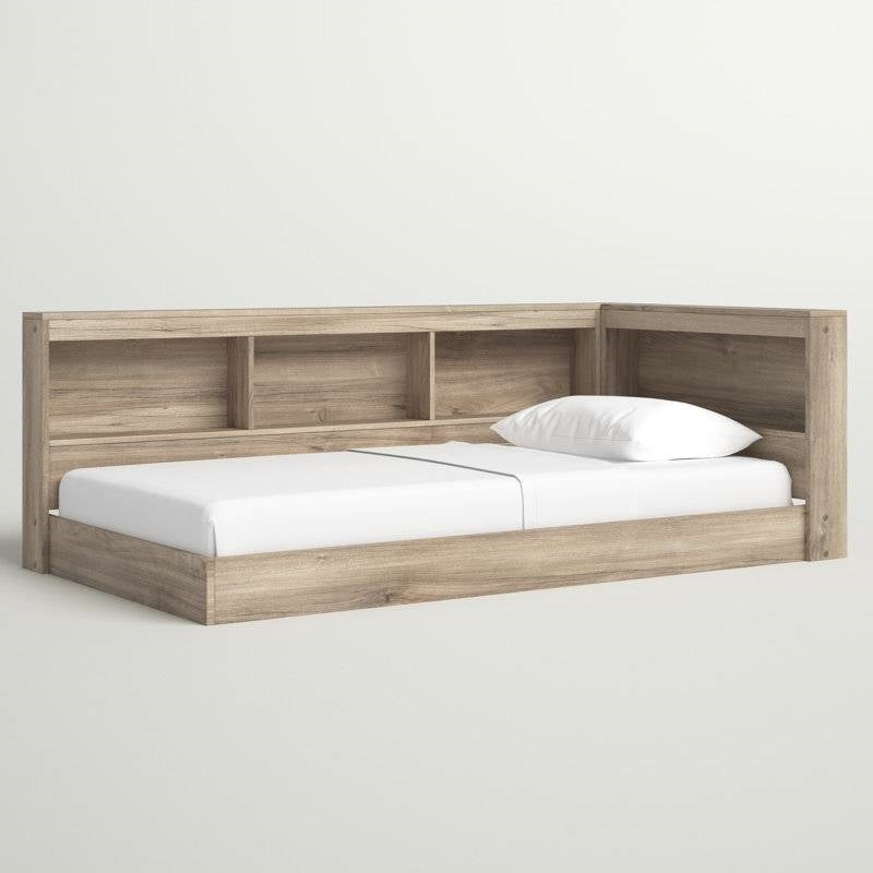 Twin size Natural Wood Corner Storage Bed with Bookcase Headboard and USB Ports - Tampa Home & Garden Store