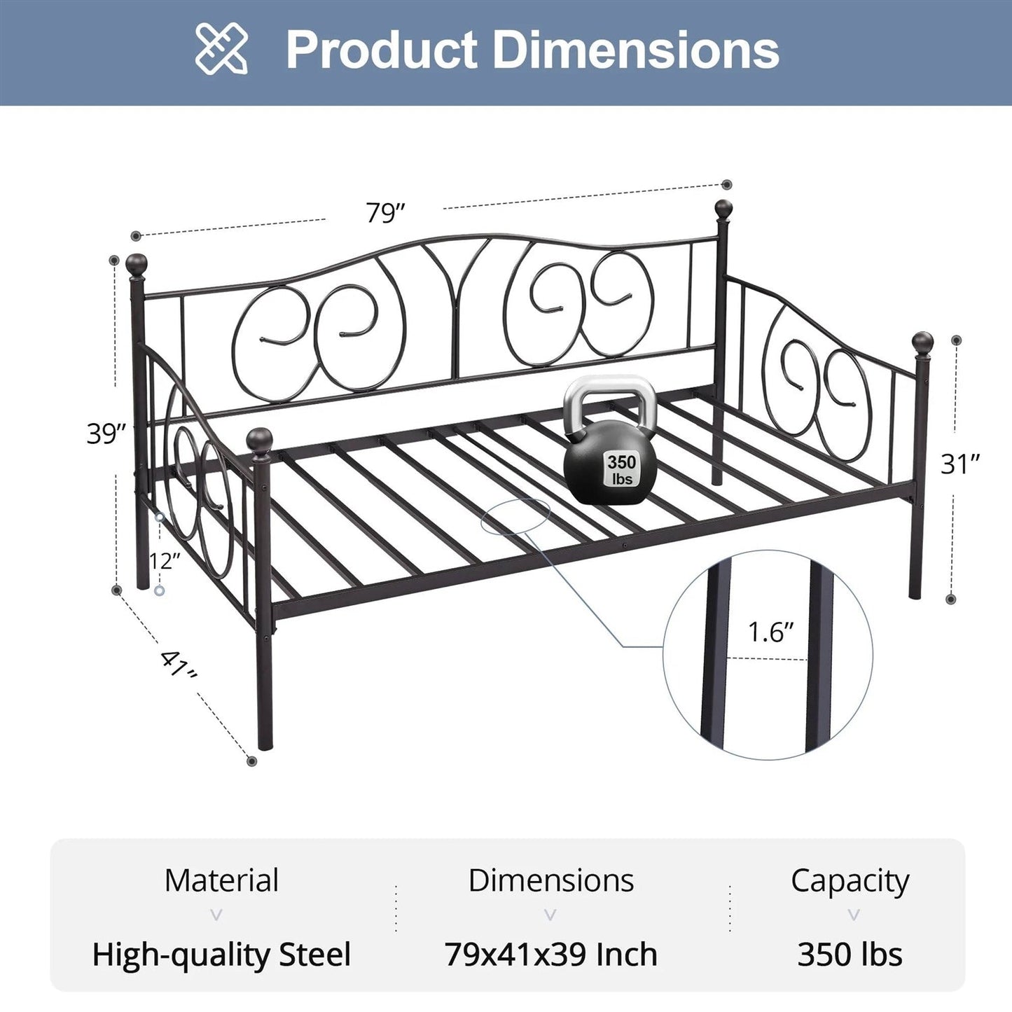 Twin size Victorian Black Metal Daybed Frame - 350 lbs. Weight Capacity - Tampa Home & Garden Store