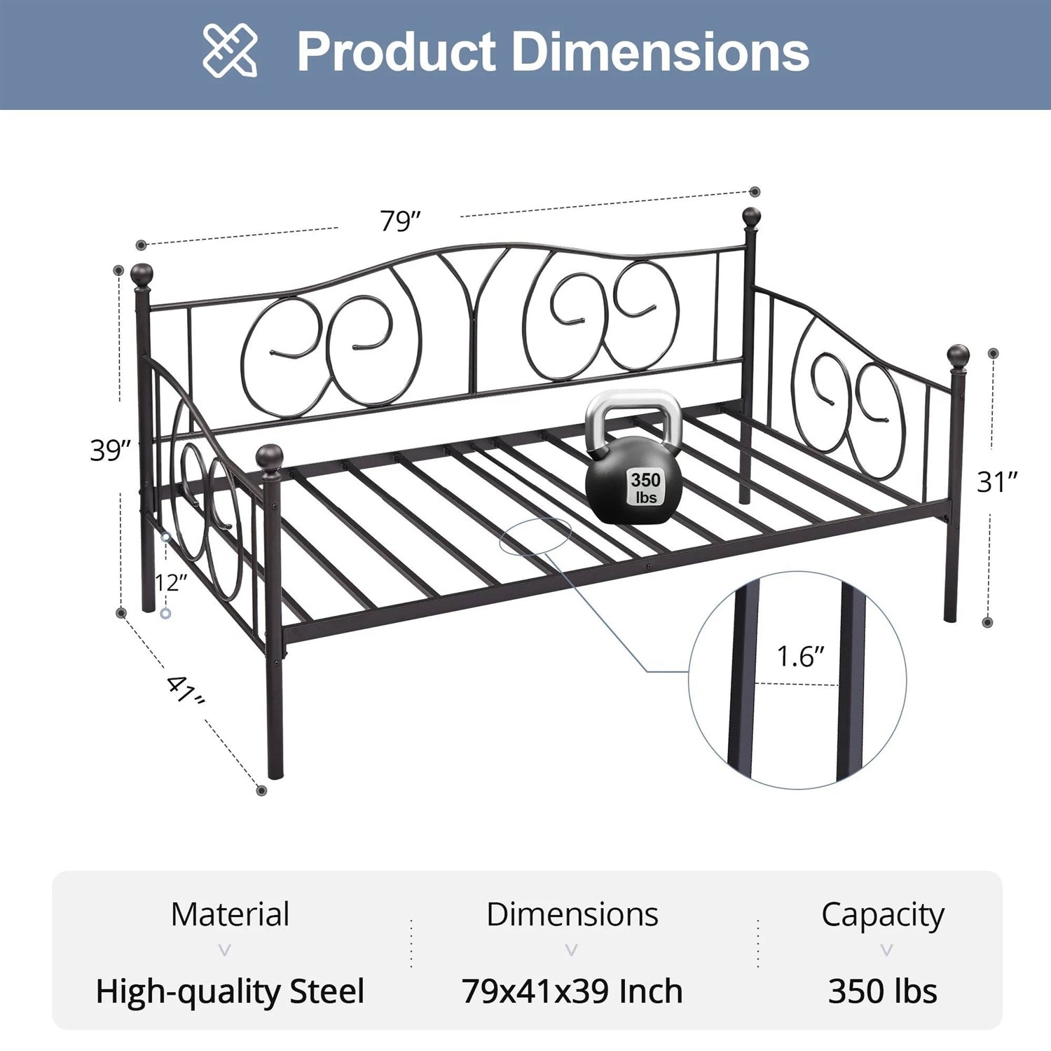 Twin size Victorian Black Metal Daybed Frame - 350 lbs. Weight Capacity - Tampa Home & Garden Store