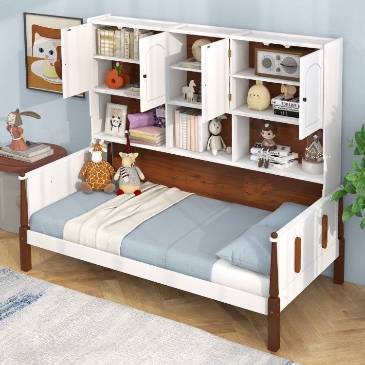 Twin size Vintage White Walnut Daybed with Bookcase Storage Cabinet Headboard - Tampa Home & Garden Store