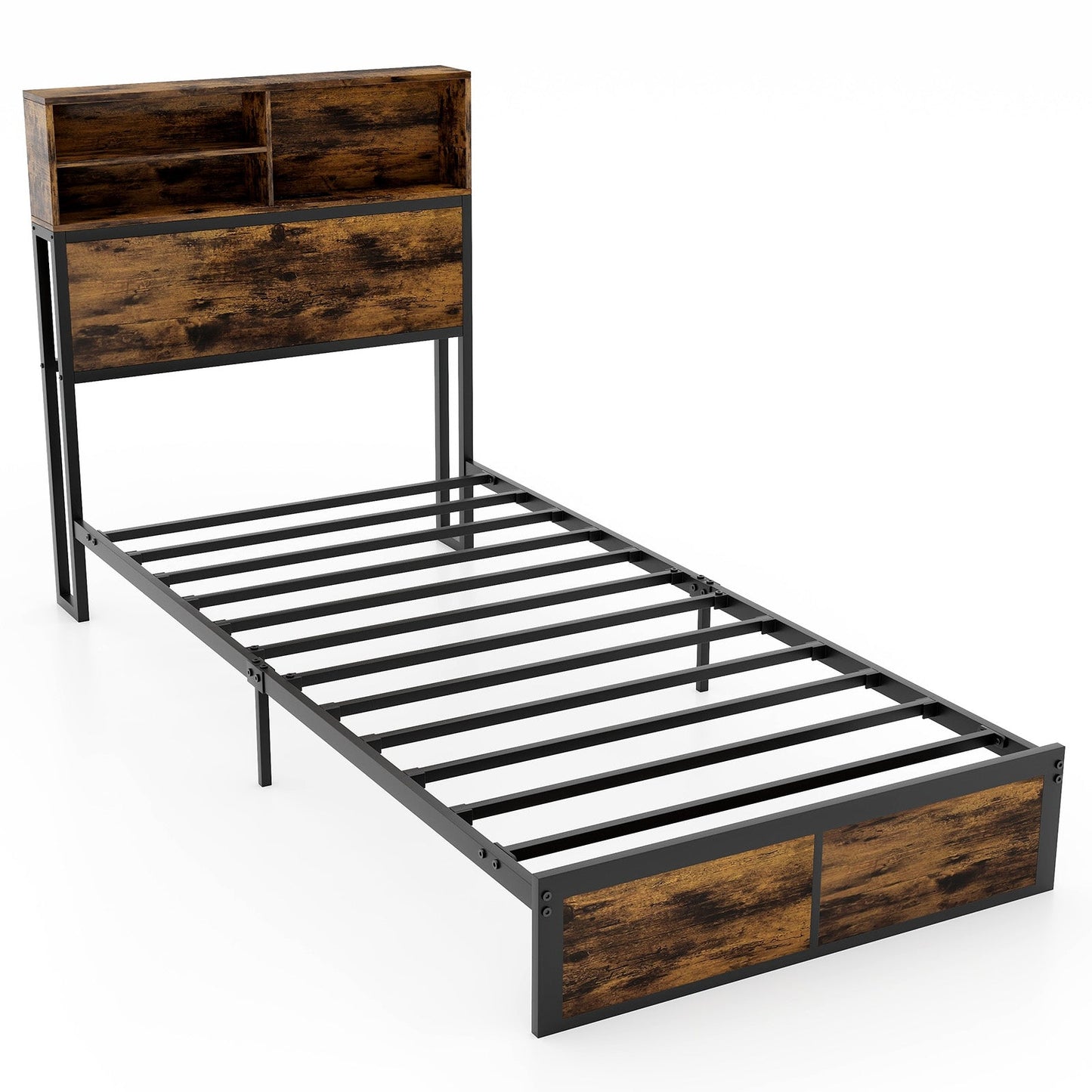 Base de cama con cabecero de almacenamiento tamaño Twin/Full/Queen/King, de metal industrial, tipo plataforma - Tamaño Full