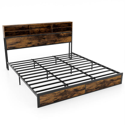 Base de cama con cabecero de almacenamiento tamaño Twin/Full/Queen/King, de metal industrial, tipo plataforma - Tamaño Full