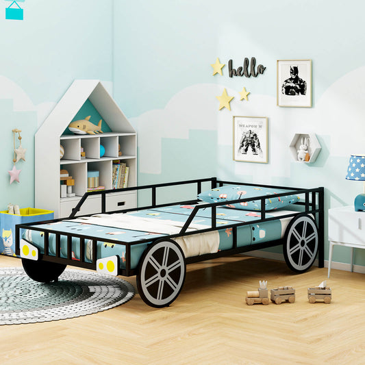 Twin-Size Kids Metal Bed Frame Car-Shaped with Safety Guardrails-Twin Size - Tampa Home & Garden Store