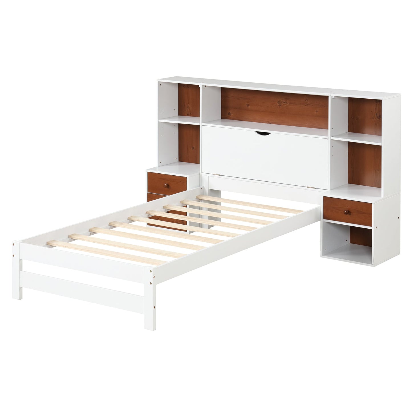Base de cama con cabecero de almacenamiento y mesitas de noche - Tamaño individual
