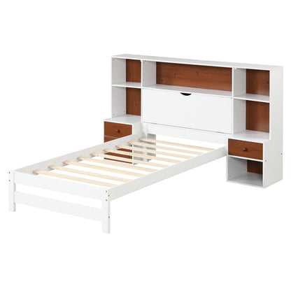 Base de cama con cabecero de almacenamiento y mesitas de noche - Tamaño individual
