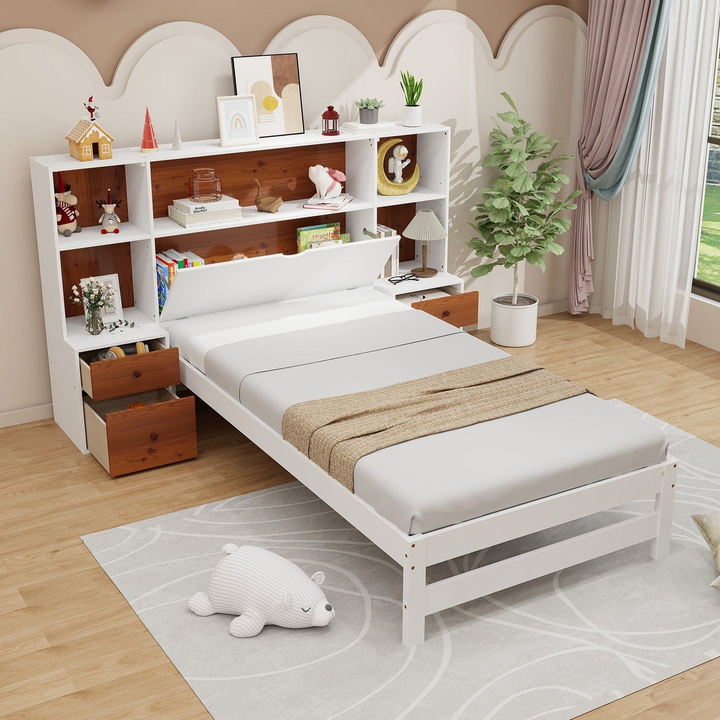 Base de cama con cabecero de almacenamiento y mesitas de noche - Tamaño individual