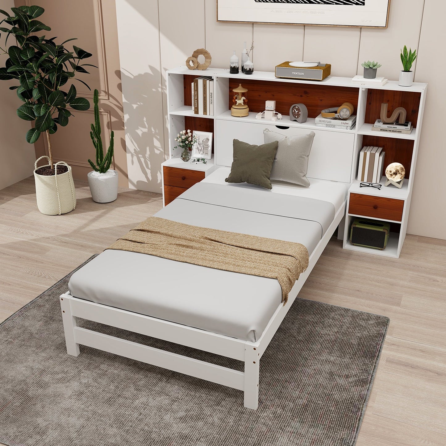 Base de cama con cabecero de almacenamiento y mesitas de noche - Tamaño individual