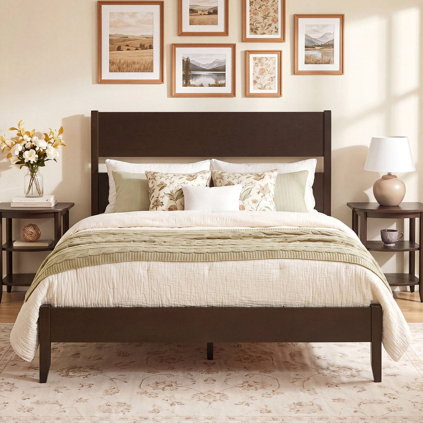 DirectDeals full bed frame with headboard and solid wood legs in espresso brown with bedding on Tampa Home & Garden Store