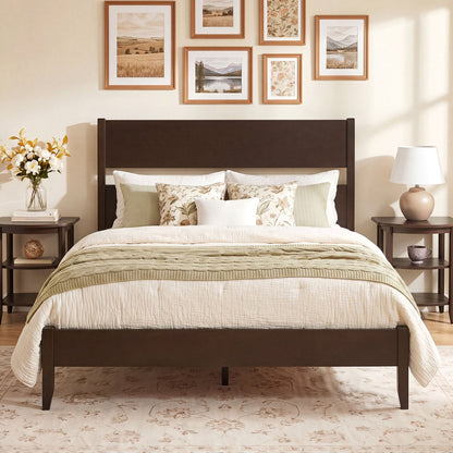DirectDeals full bed frame with headboard and solid wood legs in espresso brown with bedding on Tampa Home & Garden Store