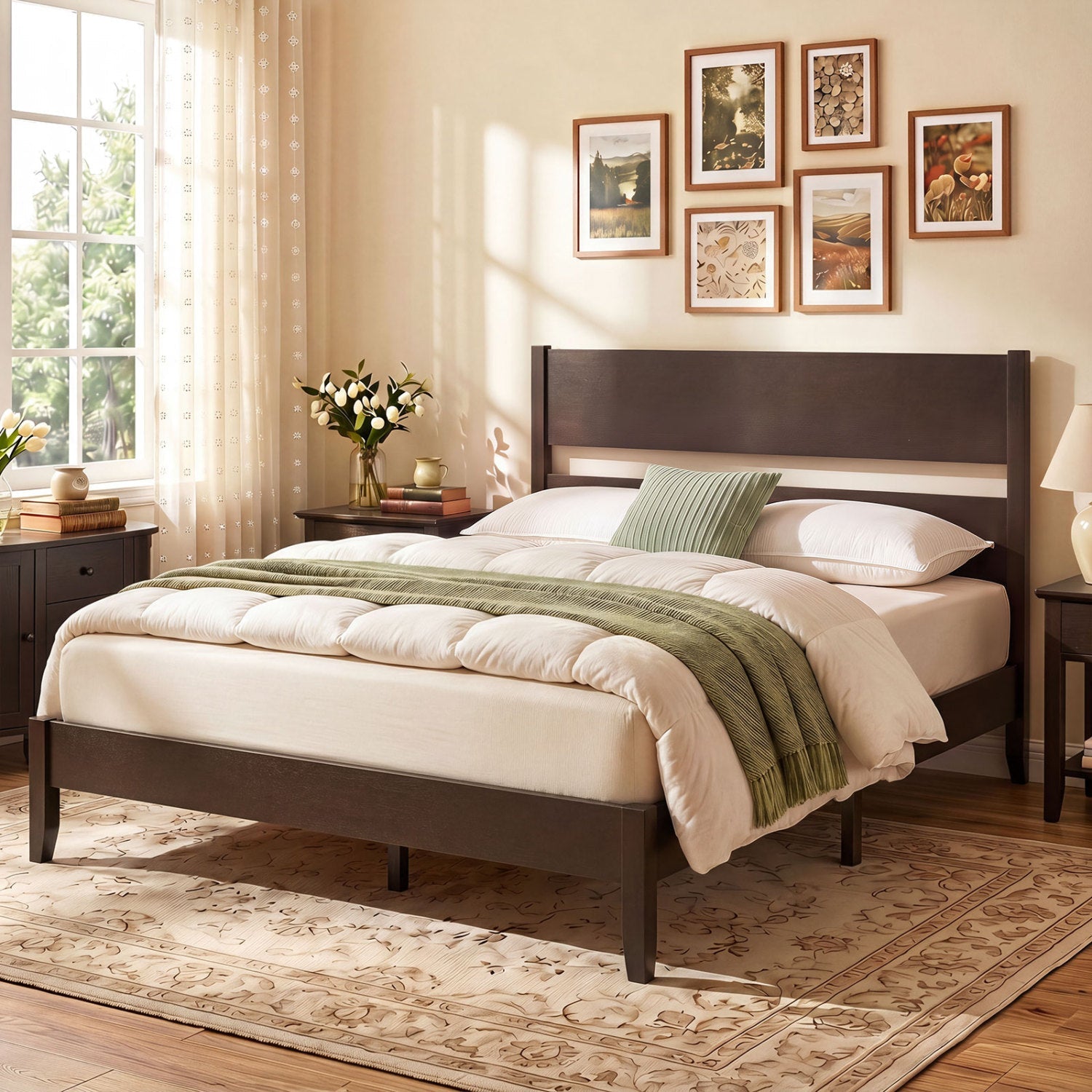 Full bed frame with headboard and solid wood legs in dark wood finish, DirectDeals on Tampa Home & Garden Store