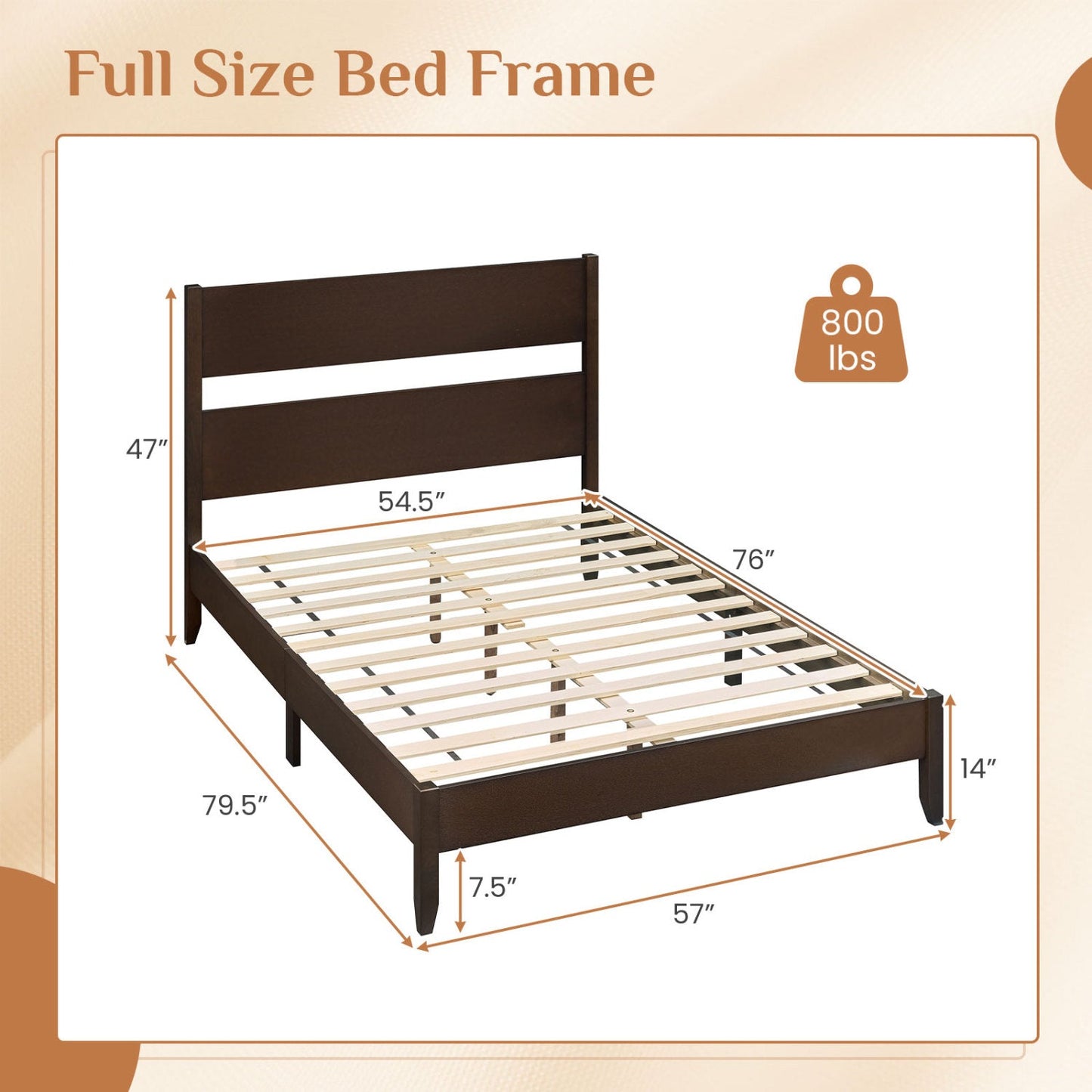Full Size Bed Frame with Headboard DirectDeals dark brown solid wood legs slats 800 lb on Tampa Home & Garden Store