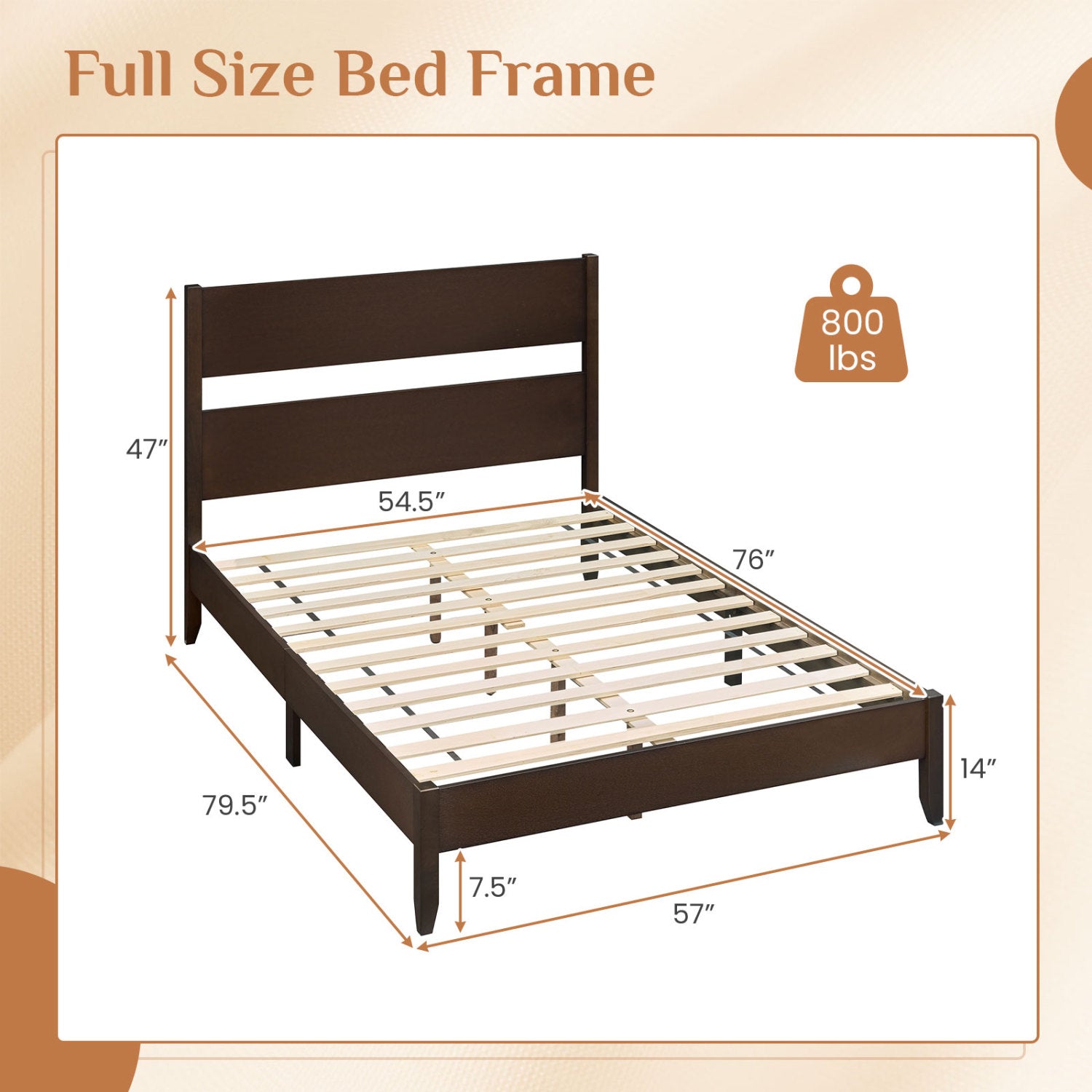 Full Size Bed Frame with Headboard DirectDeals dark brown solid wood legs slats 800 lb on Tampa Home & Garden Store