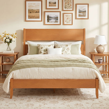 Full bed frame with headboard and solid wood legs in natural maple on Tampa Home & Garden Store