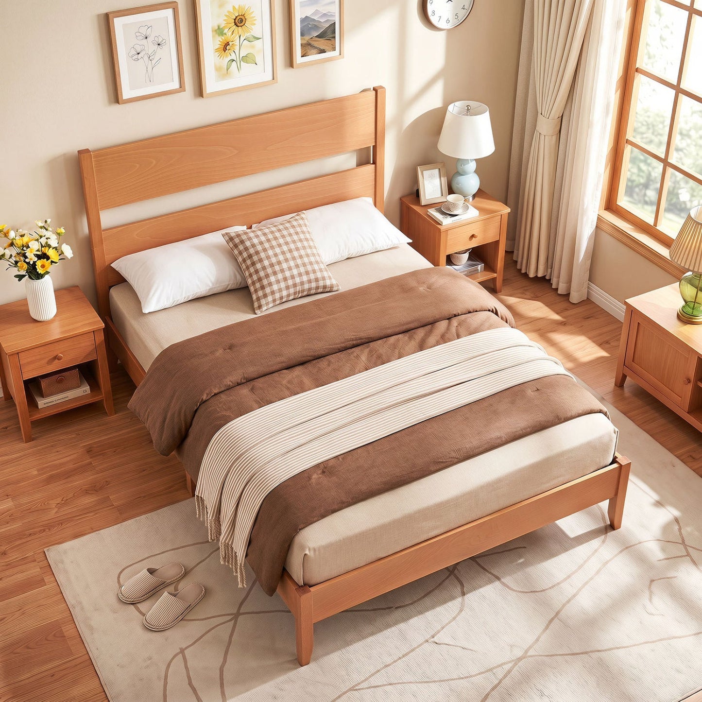 Full bed frame with headboard and solid wood legs by DirectDeals, oak finish, two nightstands on Tampa Home & Garden Store