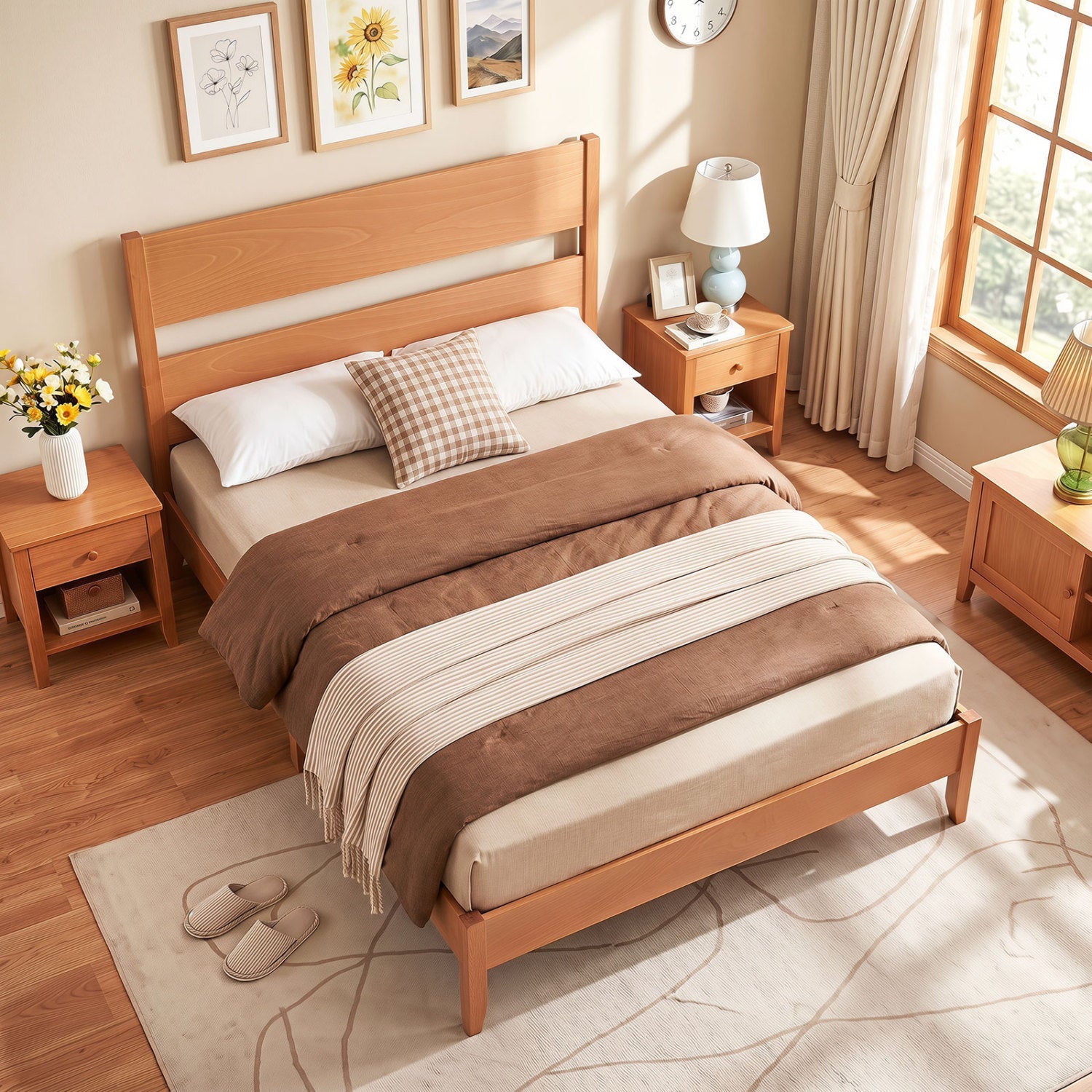 Full bed frame with headboard and solid wood legs by DirectDeals, oak finish, two nightstands on Tampa Home & Garden Store