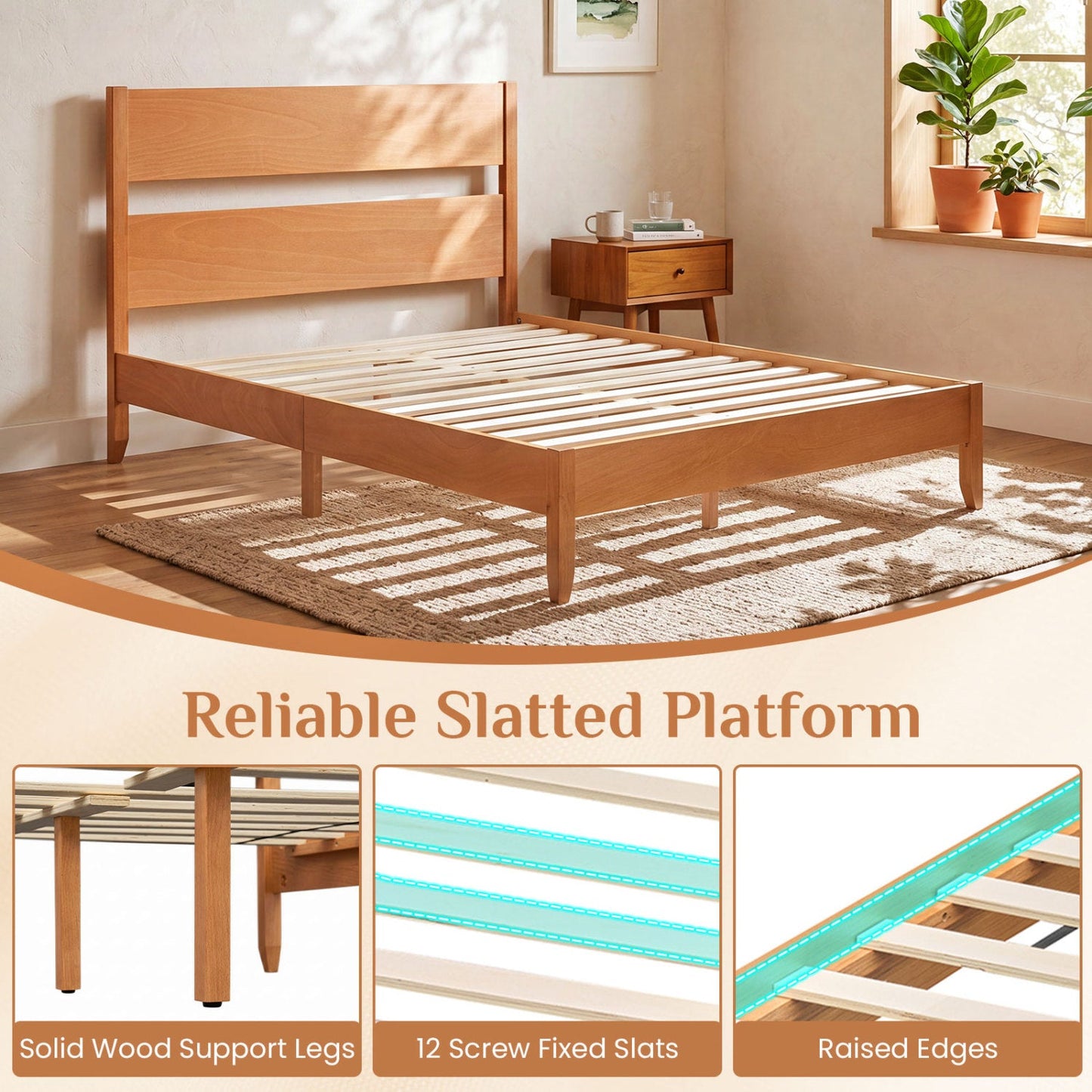 Full bed frame with headboard in light wood finish and solid wood legs, slatted platform on Tampa Home & Garden Store