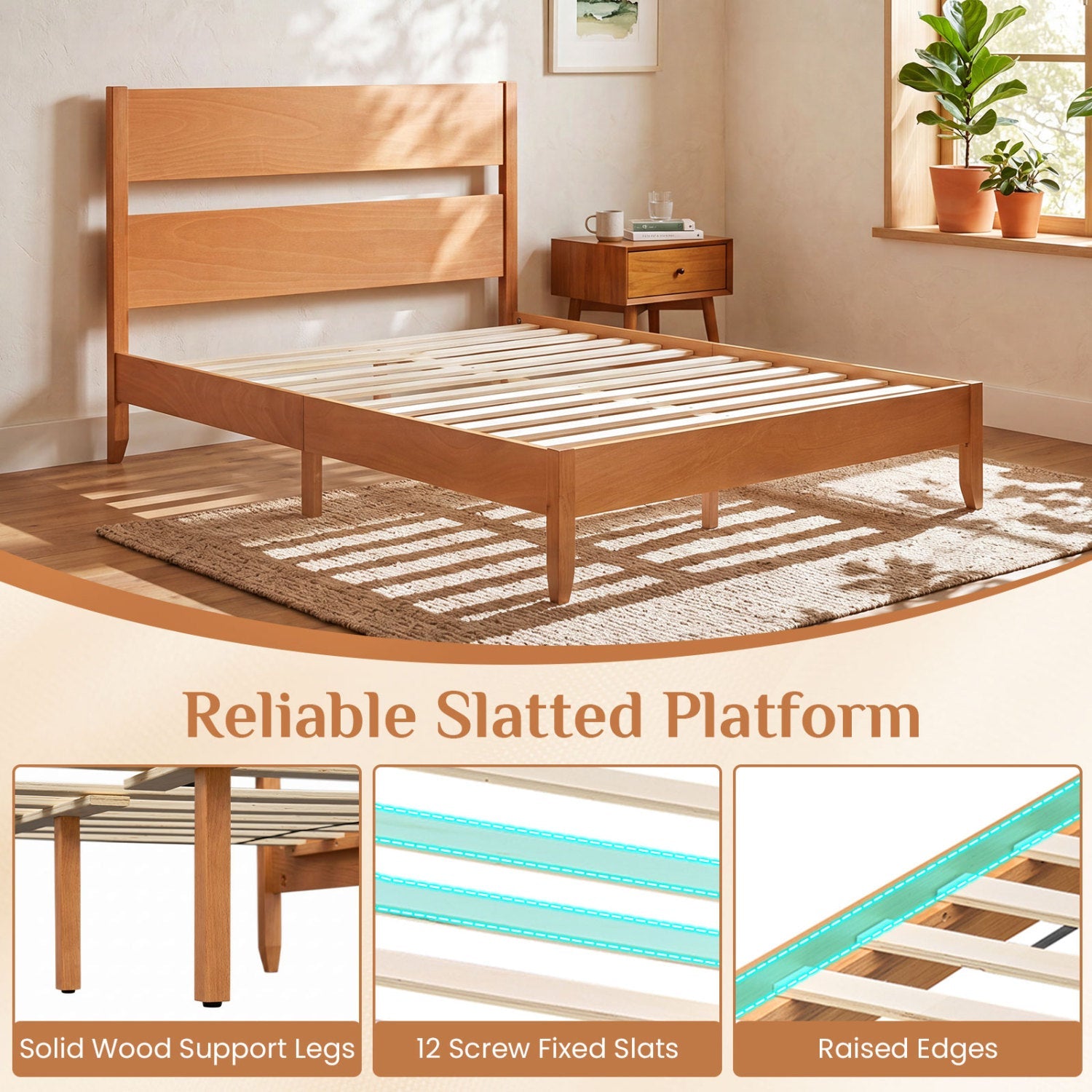 Full bed frame with headboard in light wood finish and solid wood legs, slatted platform on Tampa Home & Garden Store