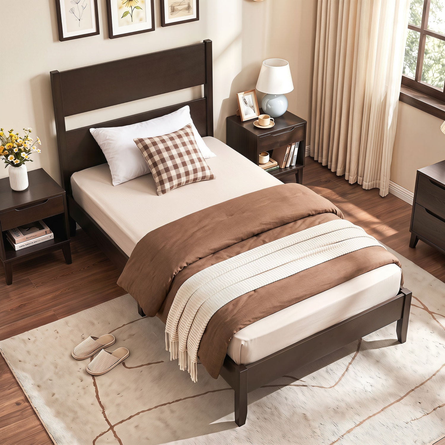 Twin bed frame with headboard, dark brown finish and solid wood legs DirectDeals on Tampa Home & Garden Store
