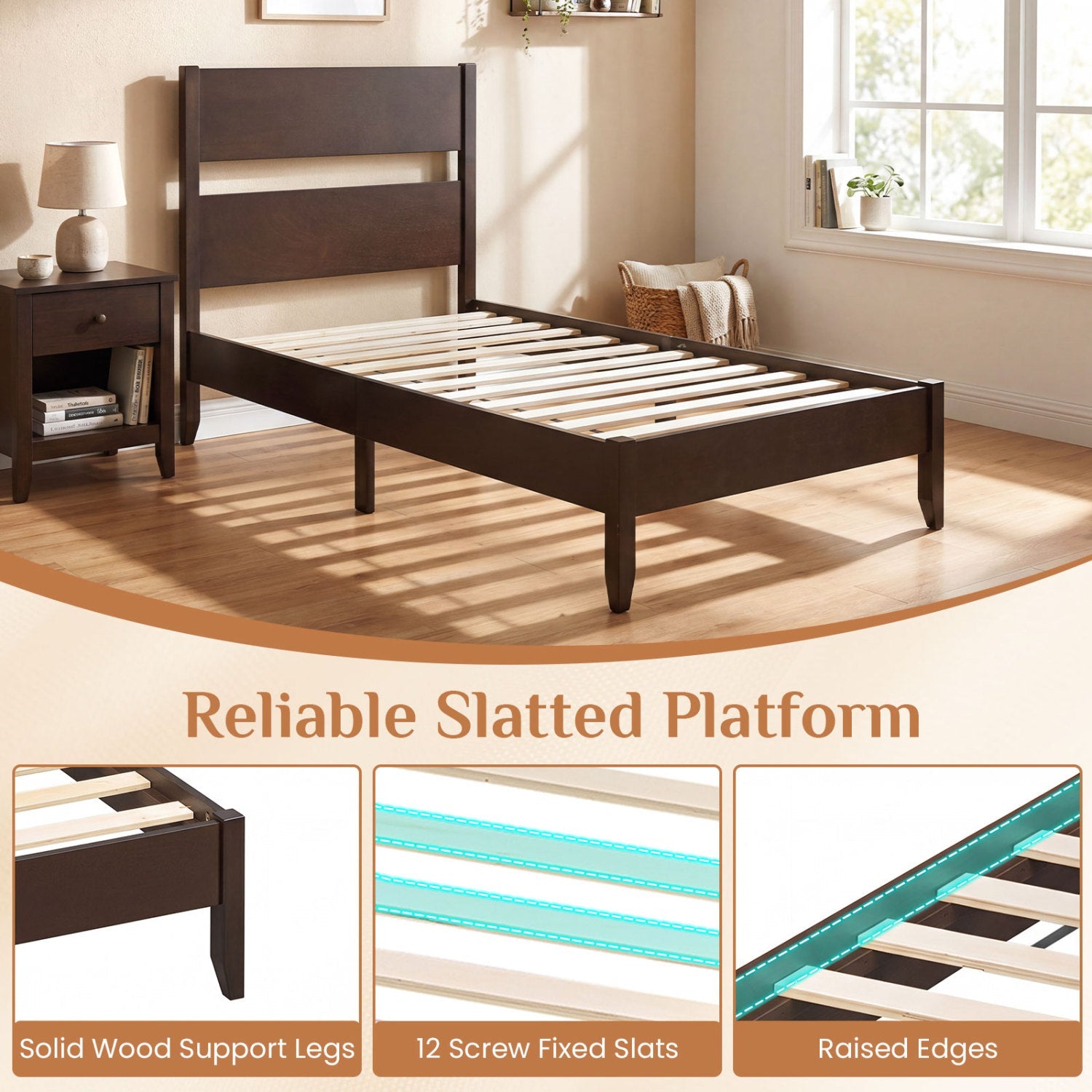 Twin Bed Frame with Headboard and Solid Wood Legs in dark brown by DirectDeals on Tampa Home & Garden Store