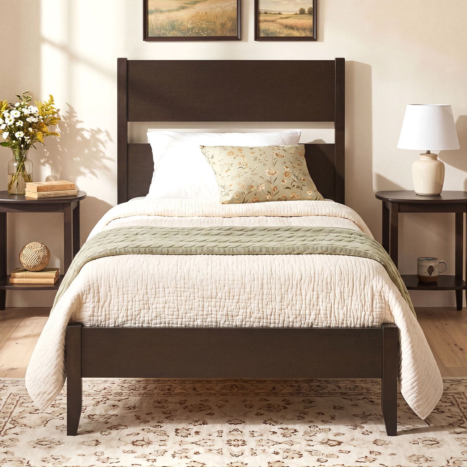 Twin Bed Frame with Headboard by DirectDeals in dark wood finish with solid wood legs on Tampa Home & Garden Store