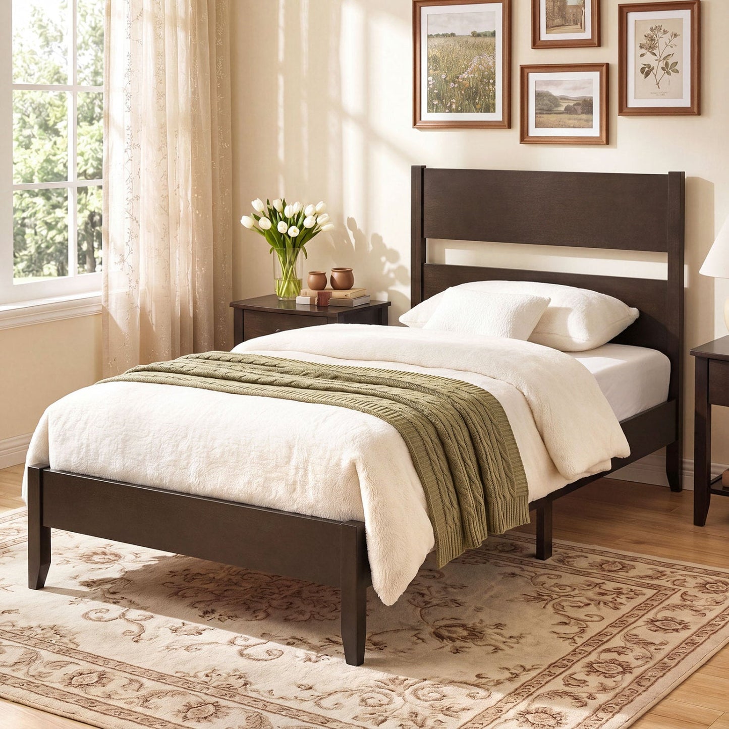 Twin bed frame with headboard, dark brown finish and solid wood legs DirectDeals on Tampa Home & Garden Store
