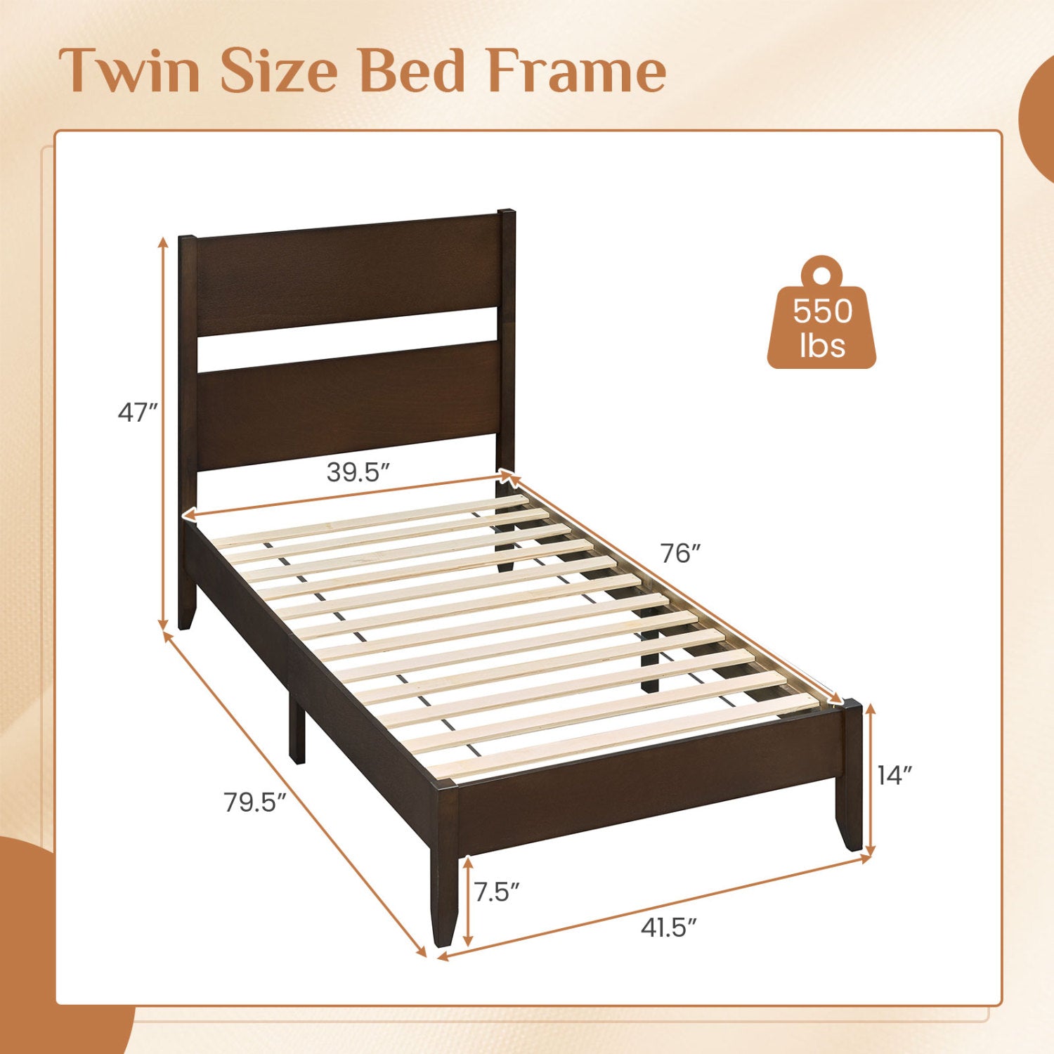 Twin Size Bed Frame with Headboard and Solid Wood Legs in dark brown by DirectDeals on Tampa Home & Garden Store