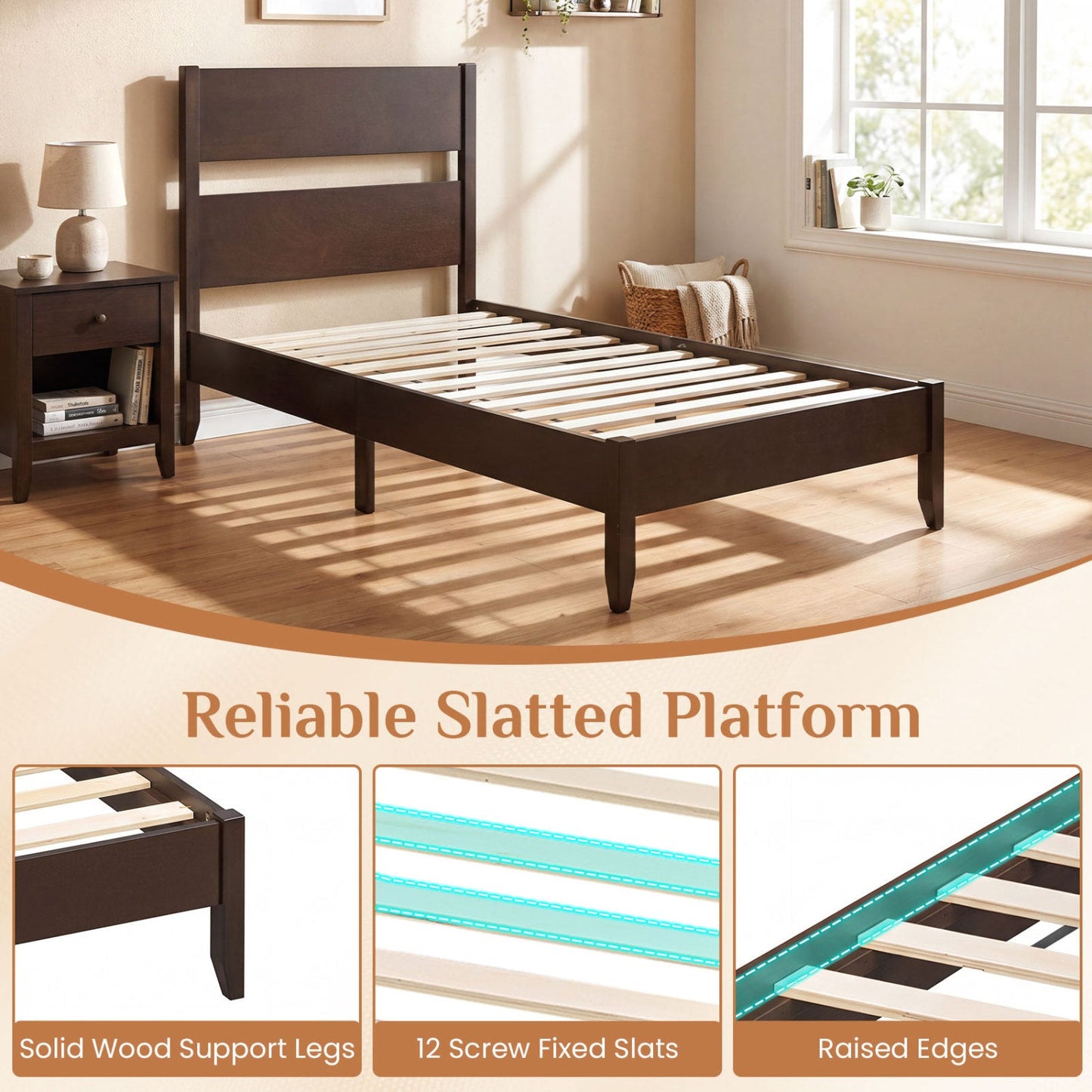 Twin bed frame with headboard and solid wood legs in dark brown DirectDeals on Tampa Home & Garden Store
