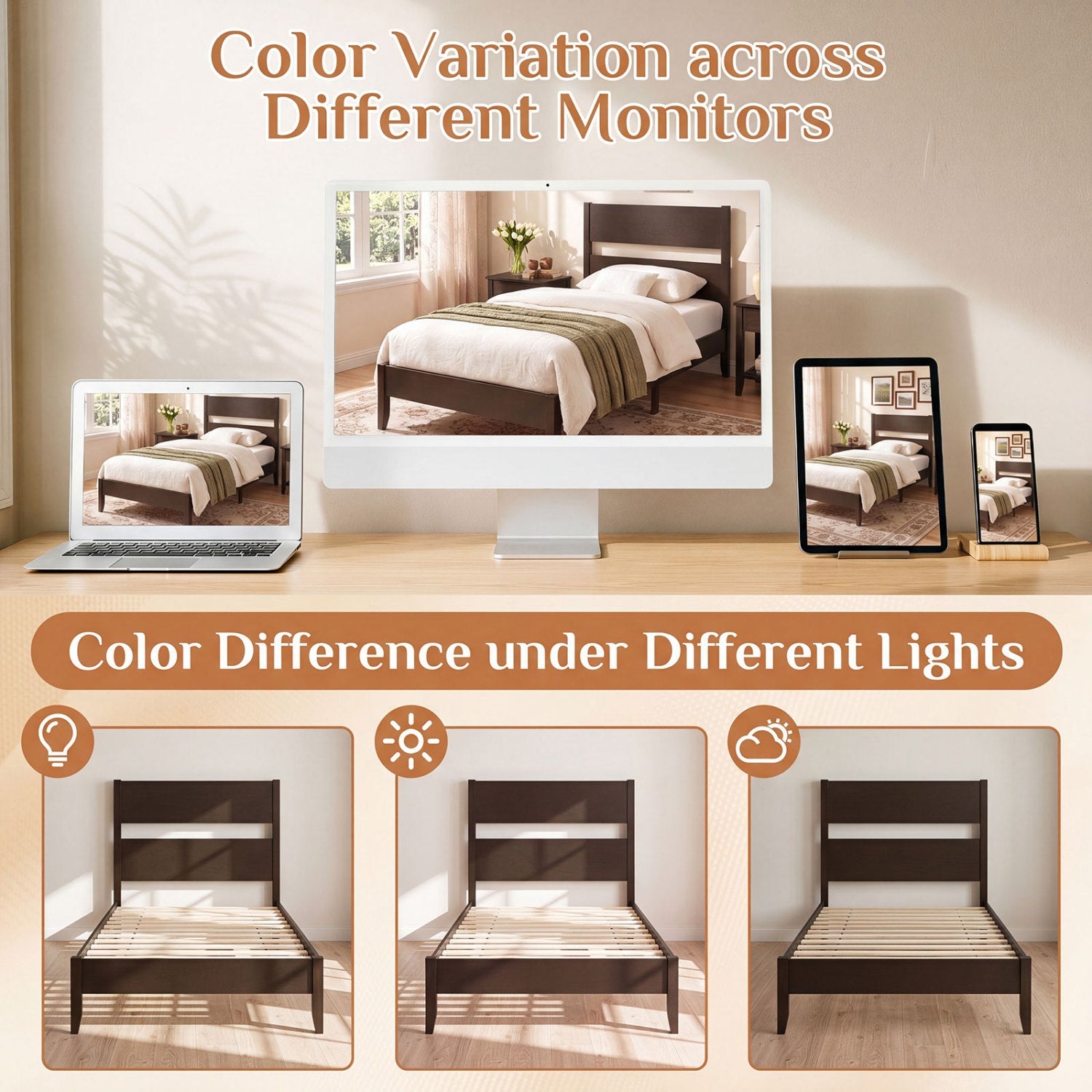 Twin bed frame with headboard and solid wood legs in dark brown DirectDeals, shown on devices on Tampa Home & Garden Store