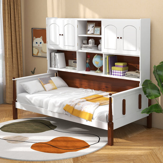 Twin Bed with Bookcase with Shelves and  Wooden Slat Support No Box Spring Needed for Living Room Bedroom-White - Tampa Home & Garden Store