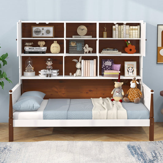 Twin Bed with Bookcase with Shelves and  Wooden Slat Support No Box Spring Needed for Living Room Bedroom-White - Tampa Home & Garden Store