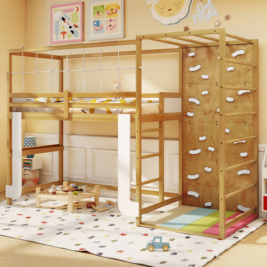 Twin Bunk Bed with Jungle Gym Wooden Loft Bed with Climbing Ladder-Natural - Tampa Home & Garden Store