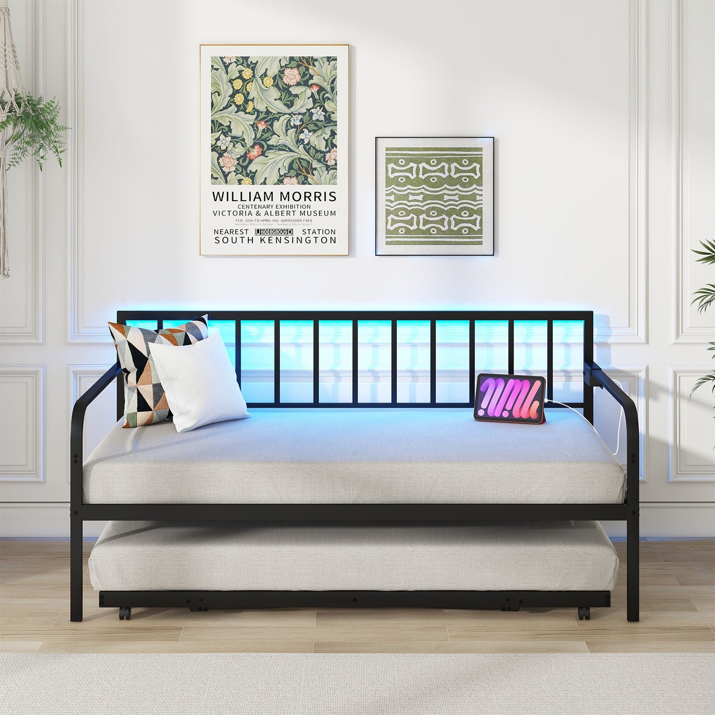 Cama nido doble con estación de carga y luces LED-Negro