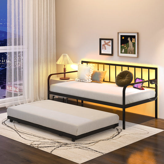 Twin Daybed with Charging Station and LED Lights-Black - Tampa Home & Garden Store