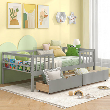 Cama Nido Twin con Valla y 2 Cajones Cama Infantil para Niños y Niñas-Gris
