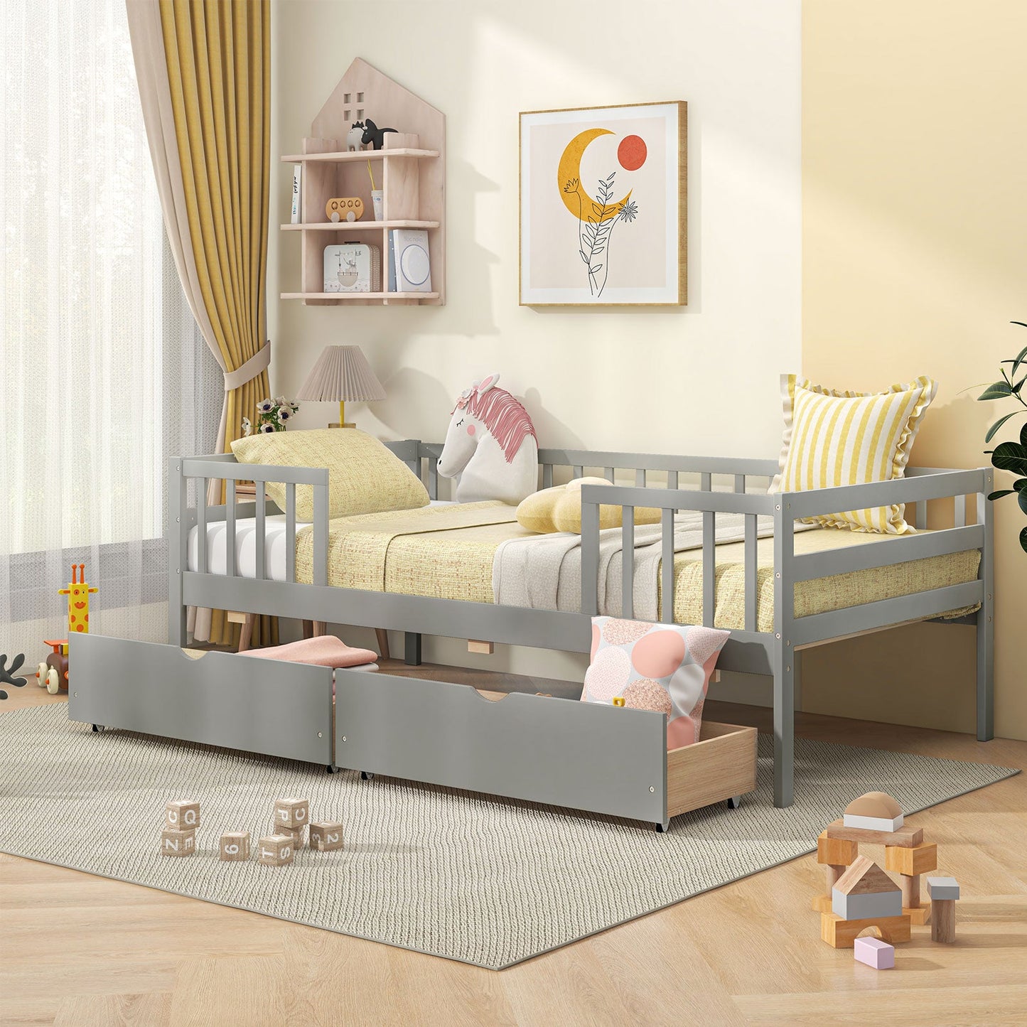 Cama Nido Twin con Valla y 2 Cajones Cama Infantil para Niños y Niñas-Gris