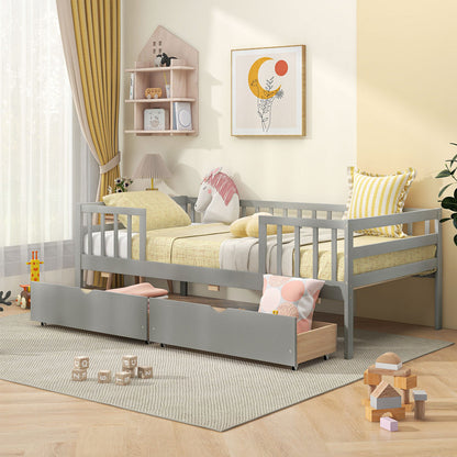 Cama Nido Twin con Valla y 2 Cajones Cama Infantil para Niños y Niñas-Gris